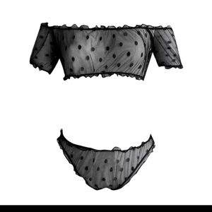 Dot Mesh Two Piece Off Shoulder Lingerie Set Bra Panties Bralette Set NEW!